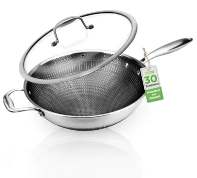 Obrázek produktu pro Pánev wok NutriChef, 30cm pánev wok, indukční pánev wok se skleněnou poklicí, pánev wok s nepřilnavým povrchem - ideální na smažení, dušení a vaření v páře, do trouby