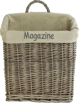 A woven basket with a fabric lining and the word "Magazine" printed on it.