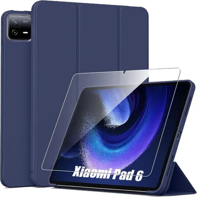 Image de Coque + Verre Trempé pour Xiaomi Pad 6 / 6 Pro, Protection Anti-Rayures avec Support - Bleu Marine