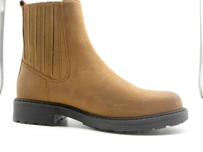 A single brown leather boot is shown against a white background.