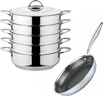 Produktbild von Ø24 cm Set Bratpfanne Antihaft Wabenbeschichtung + Mantowarka mit Stahldeckel Gardampfkochtopf aus 18/10 Edelstahl Induktion