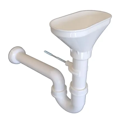 A white plastic sink trap with a funnel-shaped drain and a wall connection.
