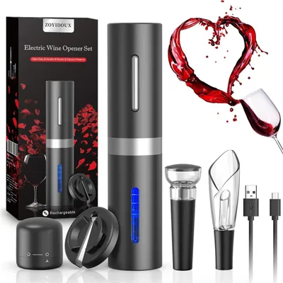 Obrázok produktu pre Elektrický otvárač na fľaše 6 v 1, s nožom na odstraňovanie fólie, výlevkou, systémom na vytváranie vákuua a USB nabíjacím káblom