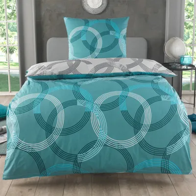 Produktbild von Baumwoll Bettwäsche 155x220 cm, 2-teiliges Set, Kreismuster, Wende Bettbezug 155 x 220 cm, Kissenbezug 80x80 cm, Renforcé, atmungsaktiv, elegant Türkise