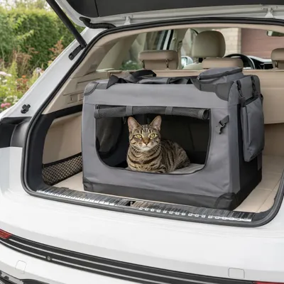 Immagine prodotto di Trasportino per gatti Belviona, borsa da trasporto leggera e robusta, pieghevole con finestre in rete, cuscino interno e tasche, 70x52x50 cm, grigio scuro