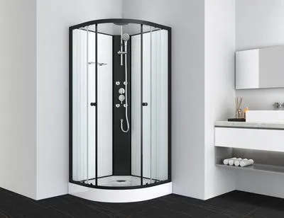 A modern bathroom with a black-framed glass shower enclosure.