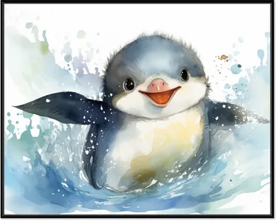 Produktbild von Wallario Wandbild Pinguin in Aquarell, Größe: 40,30 x 50,30 cm, Poster mit schwarzem Aluminiumrahmen