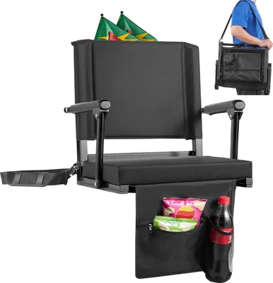 Immagine prodotto di Seduta da stadio - Seduta pieghevole da stadio e tribuna - Con schienale e braccioli - Portatile - Tracolla - Portabevande - Ganci per il fissaggio - Tessuto Oxford 600D - Nero