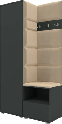A corner coat rack and shoe cabinet set.