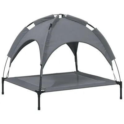 A gray dog bed with a canopy, shown against a white background.