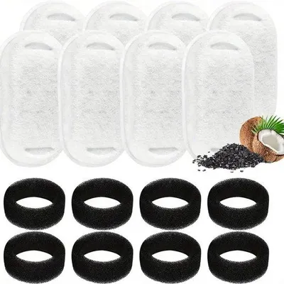Immagine prodotto di Set di 8 filtri per l'acqua per gatti – Adatti per filtri in acciaio inossidabile da 67 oz/2 L – Con carbone attivo e cotone PP – Filtro spugna incluso – Set di ricambio per distributori d'acqua per animali domestici