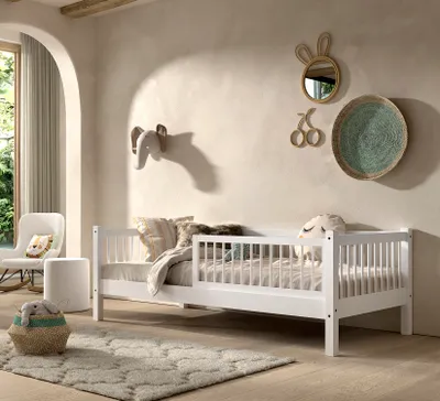 Image de VIPACK - Lit superposé avec surface de couchage 90 x 200 cm, avec sommier à lattes, protection contre les chutes incluse, finition en hêtre massif laqué blanc