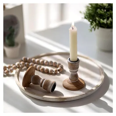 Produktbild von Kerzenständer aus Holz für Stabkerzen: 2er Set rustikale Kerzenhalter für Tischdekoration zu Weihnachten und Hochzeiten