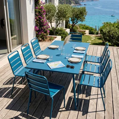 Produktbild von Gartentisch und 8 Stühle aus pulverbeschichtetem Stahl Pazifisch blau - Oviala Palavas