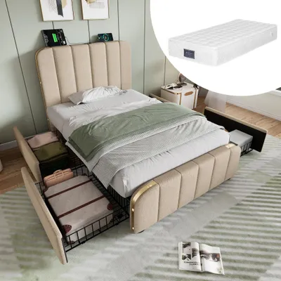 Image de Lit simple tapissé avec une tête de lit rembourrée, port de charge USB-C, 4 tiroirs, tissu lin beige, dimensions 90*200 cm (avec matelas)