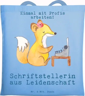 Produktbild von Mr. & Mrs. Panda Jutebeutel Schriftstellerin Leidenschaft - Sky Blue - Geschenk, Buchhandlung, Beruf, Tasche, Buchladen, Shopping, Spruch, Laptoptasche, Lustig, Witzig