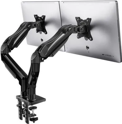 Zdjęcie produktu dla Ramię do monitora – podwójne, do 2 monitorów o przekątnej 13-27 cali – aluminium, czarny – montaż na biurko – standard VESA 100x100 mm