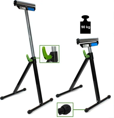 Produktbild von baumarktplus Rollenbock, höhenverstellbar stufenlos 67-109 cm, klappbar, Schnellverschluss, Rollenbreite 30 cm, Rollendurchmesser 48 mm, Vierkantrohr 30x30 mm, 90 kg Tragkraft, Stahl, Schwarz-Silber, 2er Set, für lange Werkstücke, Werkbänke, Maschinentische, Sägetische, breite Füße mit Gummikappen, 4 kg
