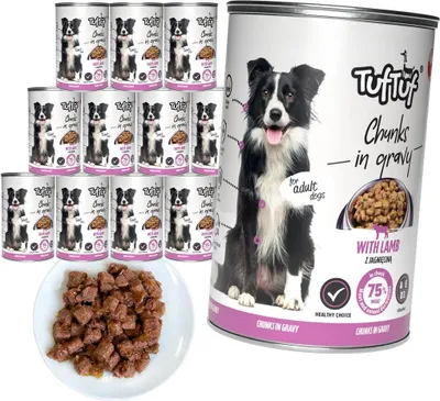 Produktbild von Tuftuf | Feuchtigkeitsspendendes Futter für Hunde - 12x415g - Kawałki Mięsne - Jagdwild - Nassfutter