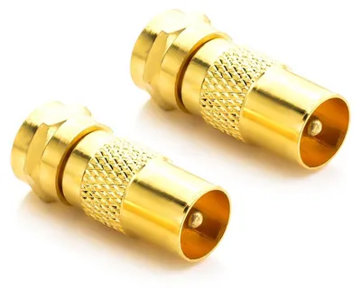 Produktbild von deleyCON 2 Stück SAT Antennenadapter - Kabel auf SAT Adapter als SET F-Stecker auf IEC-Stecker Kupplung Verbinder Koaxial Adapter SAT Kabel Vergoldet