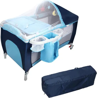 Produktbild von Babybett 120 x 60 cm als 4-in-1-Reisebett, Babywiege, Wickeltisch und Laufgitter mit Matratze, Moskitonetz, Rollen und Spieldose (Blau)