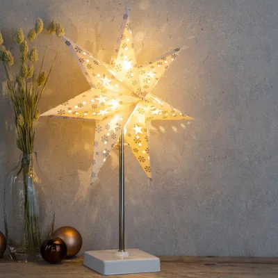 Immagine prodotto di HI Standleuchte mit Papierstern "silberne Schneeflocken" warmweiß 412552 4034127762189