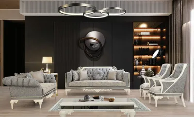 Produktbild von Casa Padrino Luxus Barock Wohnzimmer Set Grau / Beige / Weiß - 2 Sofas & 2 Sessel & 1 Couchtisch - Wohnzimmer Möbel im Barockstil - Edel & Prunkvoll