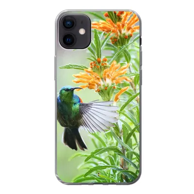 Produktbild von MuchoWow® Handyhülle Schutzhülle Hülle für iPhone 12 mini Nahaufnahme eines bunten Vogels neben Pflanzen mit orangefarbenen Blüten Silikon Softcase Handy Hülle - Bild