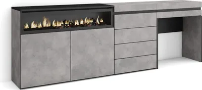 A modern sideboard with a fireplace and drawers, shown against a white background.