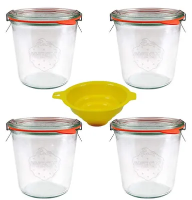 4 Einmachgläser 500 ml mit Klemmen, Ringen & Trichter