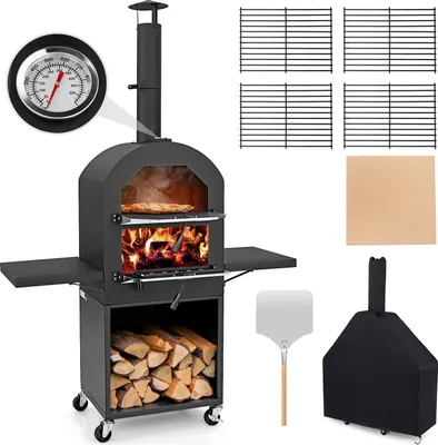 A pizza oven with accessories displayed on a white background.