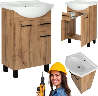 A collage of images showing a bathroom vanity set, a close-up of the vanity, a disassembled view of the vanity, a corner sink, and a person wearing a hard hat and holding a drill.