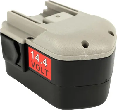 A close-up studio shot of a black and gray 14.4 volt battery pack.