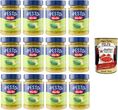 Produktbild von Barilla Pesto alla Genovese con Basilico Fresco Condimento e Sugo per Pasta Genueser Pesto mit frischem Basilikumgewürz und Pastasauce 12x190gr + Italian Gourmet polpa 400g