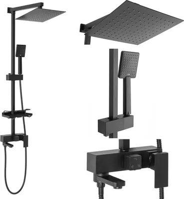 A black shower set is displayed against a white background, with close-up views of its components.