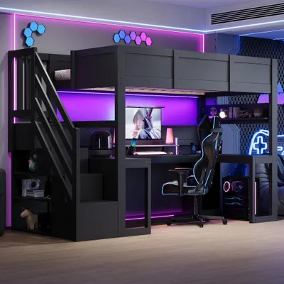 Produktbild von Gaming-Hochbett mit Schreibtisch, Stauraum-Treppe, LED-Licht & USB-Ladefunktion, MDF in Schwarz, 90x200cm