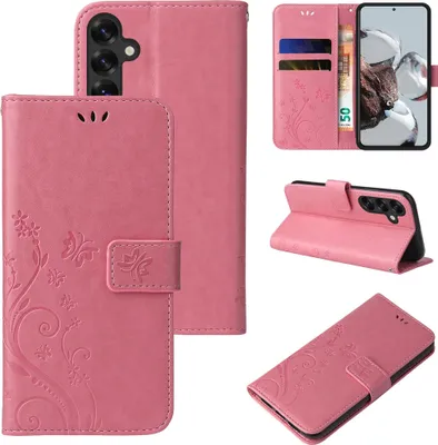 Collage of product images showing a pink floral phone case from different angles and in use.