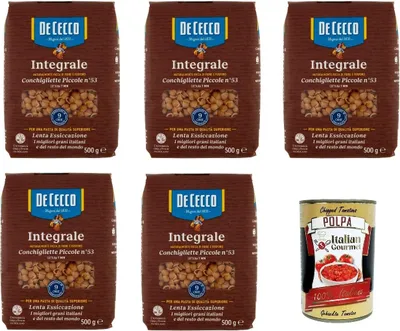 Produktbild von De Cecco Integrale Conchigliette Piccole N° 53, Pasta integrale, Vollkornnudeln, 5x 500g + Italian Gourmet polpa 400g