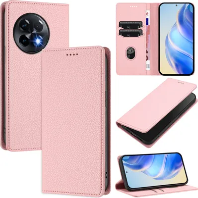 Produktbild von Litchi Leder Handyhülle für OnePlus 11R Wallet Kartenfächer Standfunktion Hülle Pink