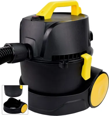 A black and yellow wet and dry vacuum cleaner is shown against a white background.
