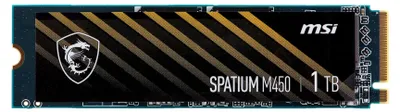 A close-up, top-down view of an MSI SPATIUM M450 1TB NVMe M.2 SSD.