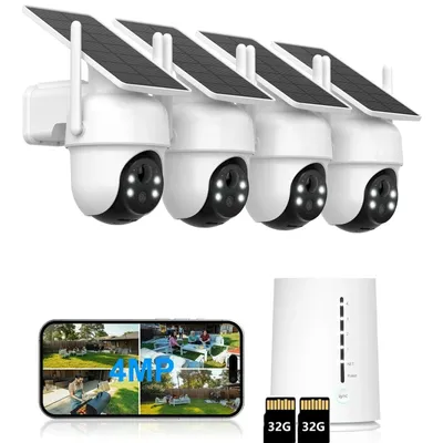 Obrázek produktu pro 4MP venkovní bezpečnostní kamera, solární napájení, sada 4 kusů s HomeBase, 360° otáčení, 2K barevné noční vidění, provoz 365 dní, 2*32GB lokální úložiště, bezdrátová kamera