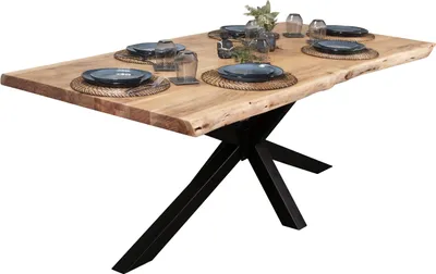 Produktbild von Esstisch Baumkante massiv Akazie Natur 220 x 110 Spider-Gestell schwarz CALI