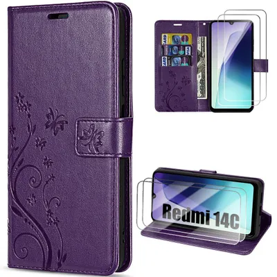 Image de Coque et 2 Verres Trempés pour Xiaomi Redmi 14C, Protection Antichoc Cuir Synthétique Violet Nuit Motif Papillon Plante