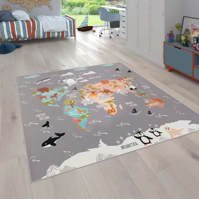 Produktbild von Teppich Kinderzimmer Kinderteppich Tier Welt Motiv Rutschfest Grau Blau Braun Grösse 200x290 cm