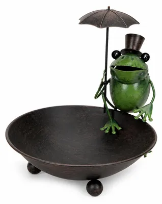 Produktbild von Vogelbad aus Metall mit Frosch und Regenschirm "Fritz"