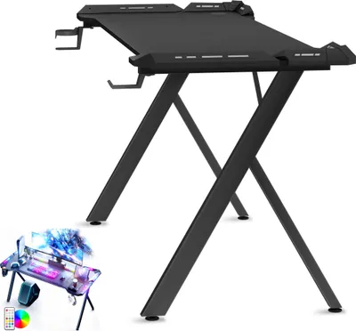 Produktbild von LZQ Gaming Tisch 120 cm – Schwarz, RGB LED, Carbon Tischplatte, Y-Beine, ergonomisch, Becherhalter & Kopfhörerhaken – Gaming, Streaming & Homeoffice