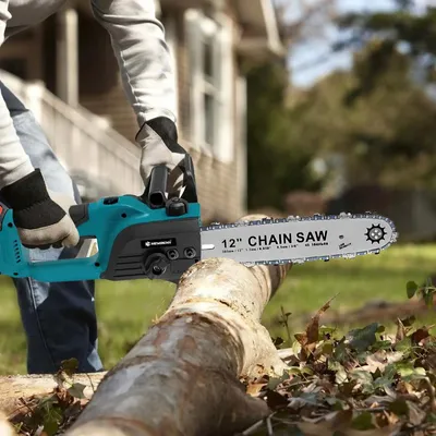 Image de Scie à chaîne électrique - Scie à ébrancher sans fil - Moteur sans balais - 1300 W - Lame de 30 cm - 2 batteries - Bleu