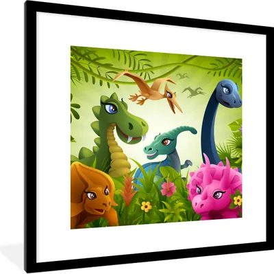 Produktbild von MuchoWow® Gerahmtes Poster Dinosaurier - Tiere - Dschungel - Illustration - Baby - Jungen - Mädchen - Kinder 40x40 cm - Poster mit Schwarzem Bilderrahmen Wandposter Rahmen Foto Bilder - Poster - Plakat im Rahmen