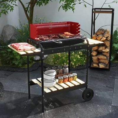 Produktbild von Holzkohlegrill BBQ Smoker Rot, 5-fach höhenverstellbar, Kohlegrill, 2 Roste, Kiefernholz-Ablage | 103x47x95 cm | 53x34 cm Grillfläche